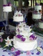 Spectacular 4-tiered wedding cake on crystal pillar system with colored fountain and fresh flowers
